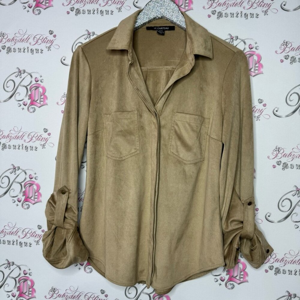 Le chateau button down blouse suede style feel fabric taupe grey brown gray - Picture 16 of 16